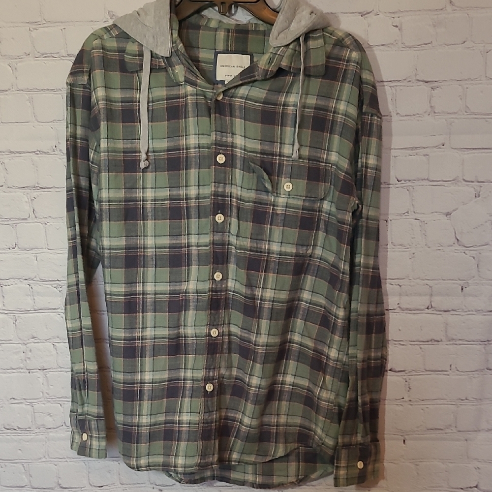American Eagle size small Green Plaid Flannel Shirt Jacket Removable Hoodie